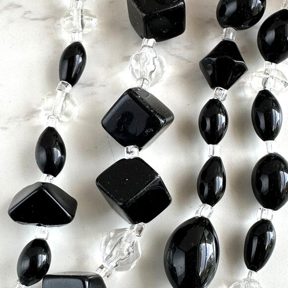 Long 32" Handmade Black & Clear Glass Bead Necklace with Geometric Shapes - Picture 3 of 7